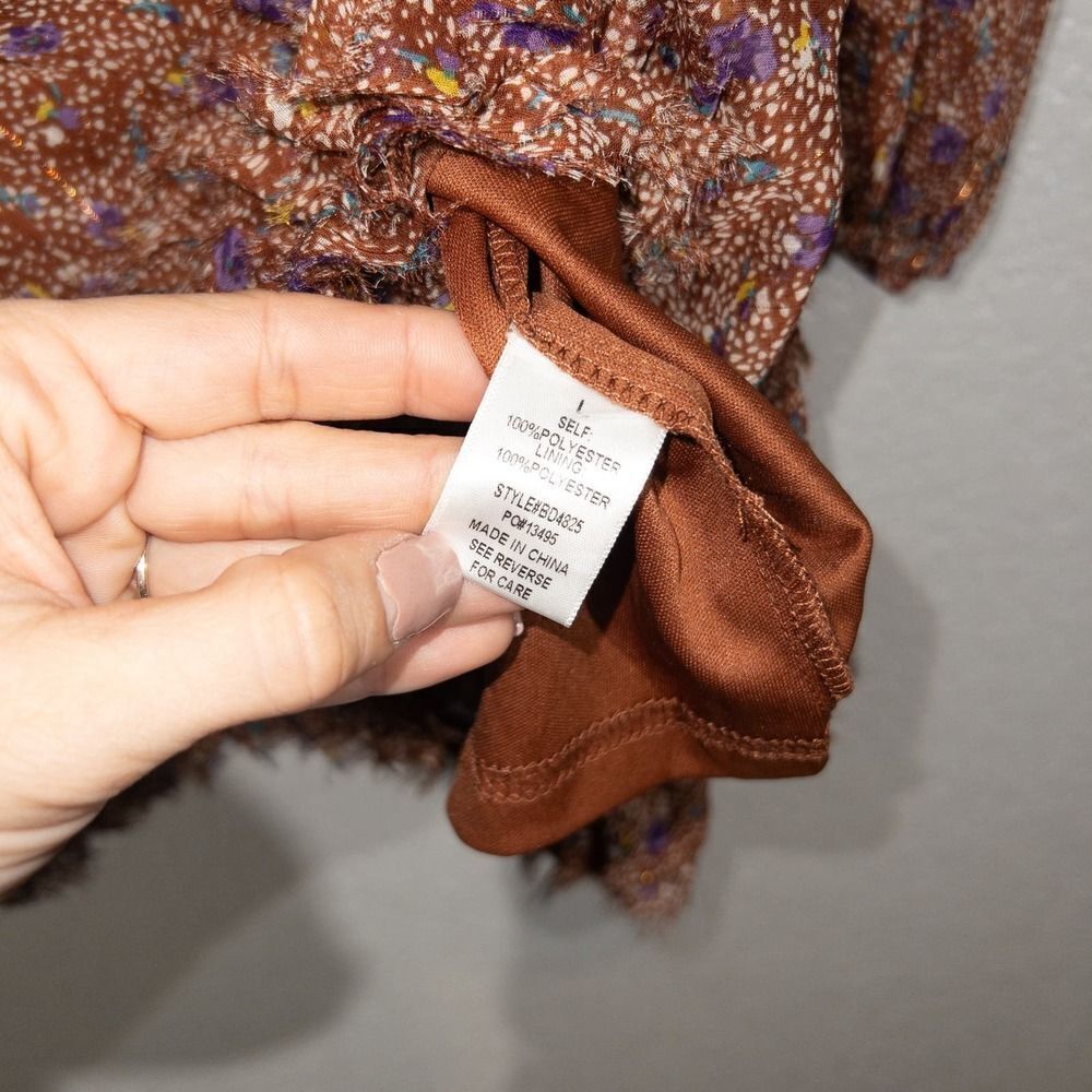 New BaeVely Brown Printed Ruffle Mini Dress Size Large - Picture 8 of 9